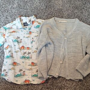 2T The Children's Place Dino Print Button Down & Light Gray Lilax Cardigan